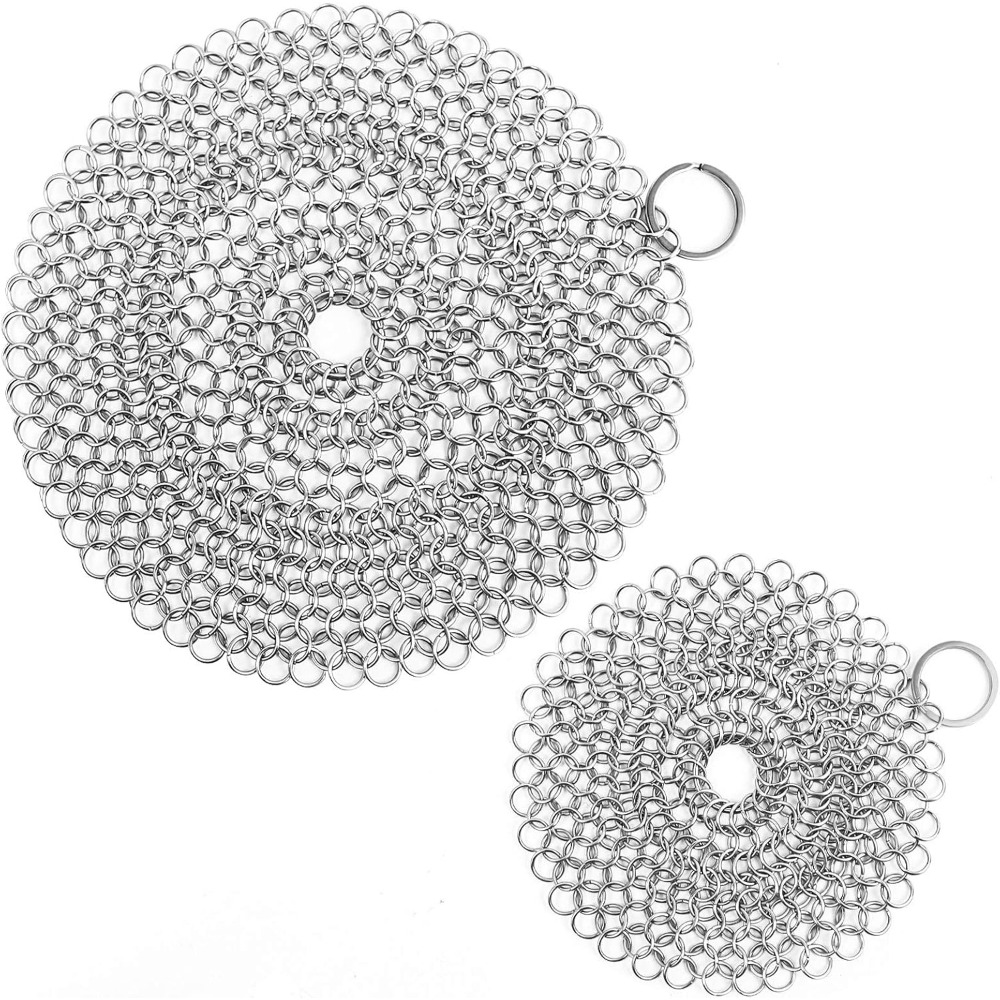Cast Iron Skillet - Premium 2 Pack Stainless Steel Chainmail