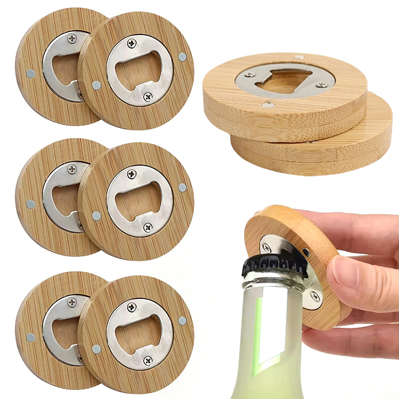 Kitchen Gadgets Home Party - 1/2PCS Round Bottle Opener Wooden Magnetic