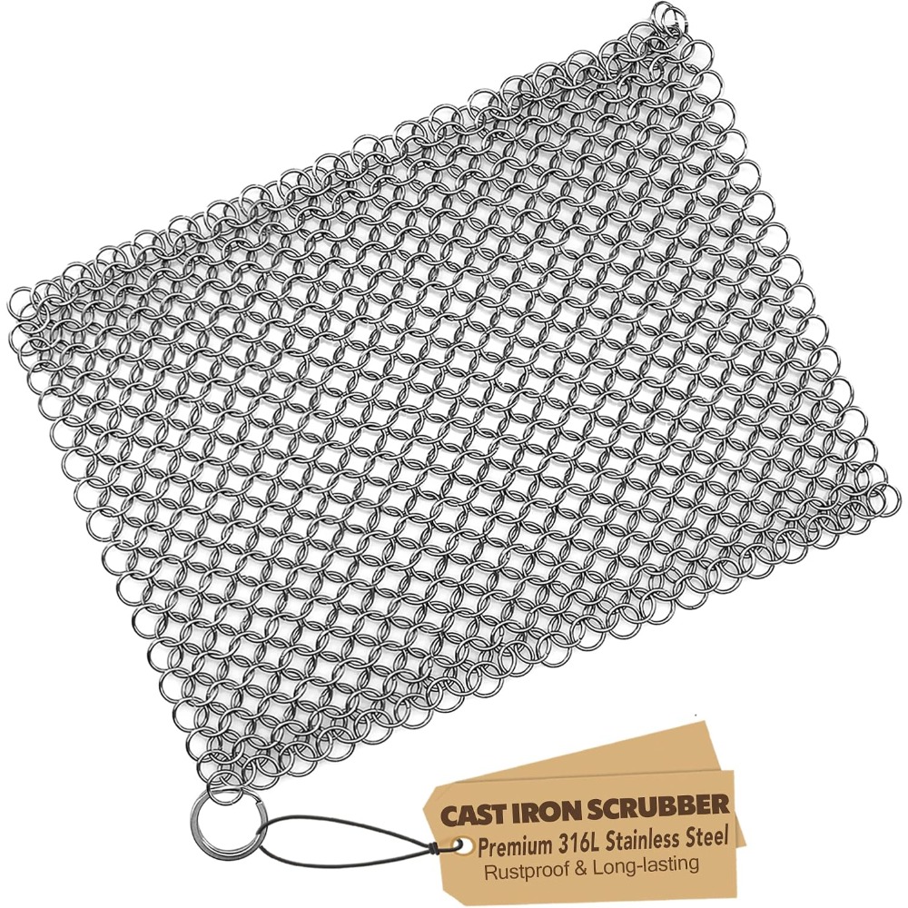 Cast Iron Skillet - Stainless Steel Chainmail Scrubber for Cast